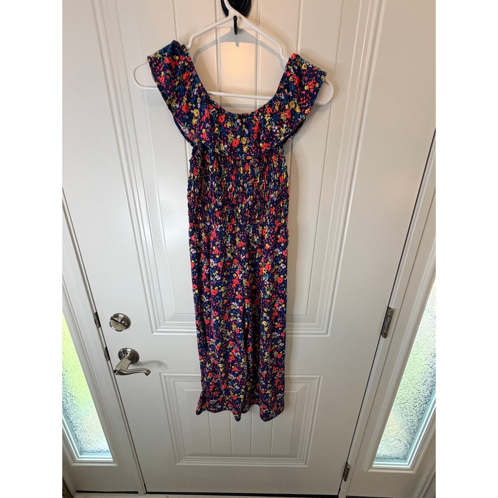 Floral Jumpsuit Navy Blue Smocked Off Shoulder Ruffle Kids Med